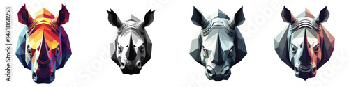 Cute Cut Out Set Low-poly triangular robotic rhino face in a vector isolated on transparent or white background, best for logo design, print, sticker or clipart.