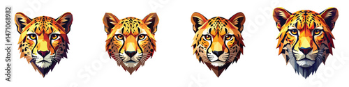 Cute Cut Out Set Low-poly triangular jungle cheetah head in a vector isolated on transparent or white background, best for logo design, print, sticker or clipart.