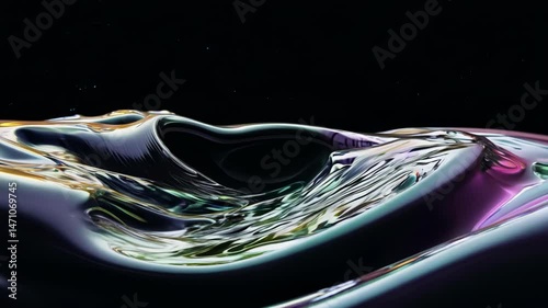 Abstract fluid-like wavelike motion with vibrant colorful light reflections against black background Flowing surface ripples & transforms gradually revealing purple blue and teal iridescent highlights