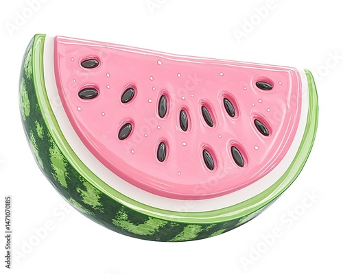 A close-up of a watermelon slice, showcasing its pink flesh, black seeds, and green rind