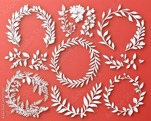 A collection of 12 white paper cut floral wreaths and sprigs on a red background