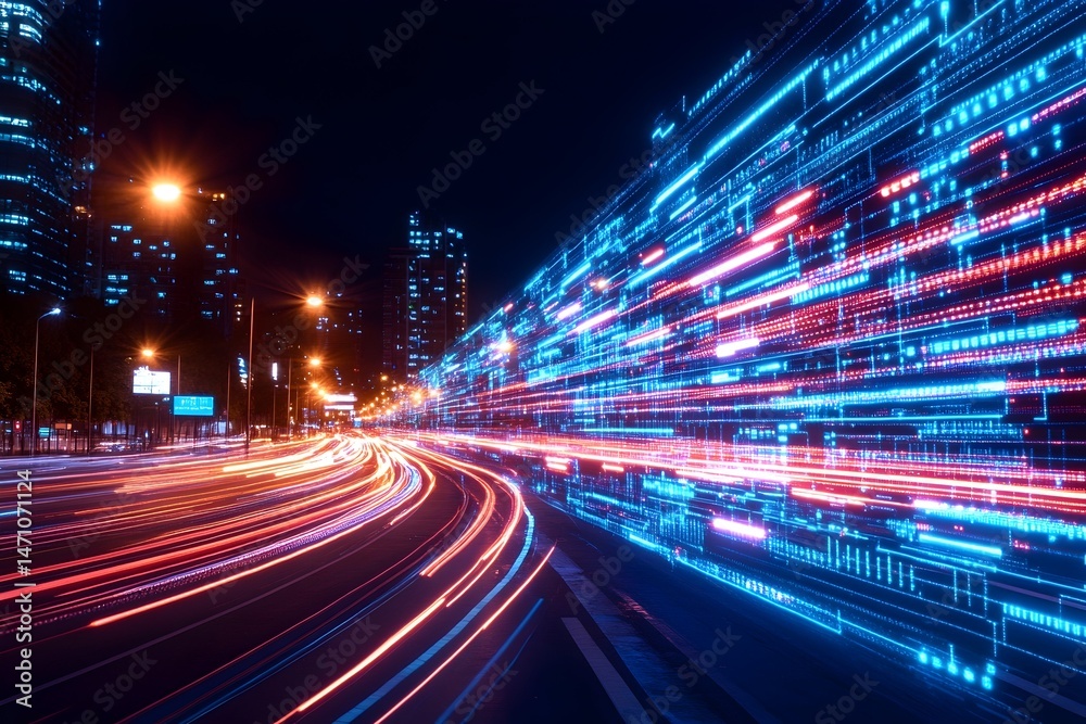 Obraz premium A futuristic cityscape with streaking car lights and a digital overlay of blue and red lines