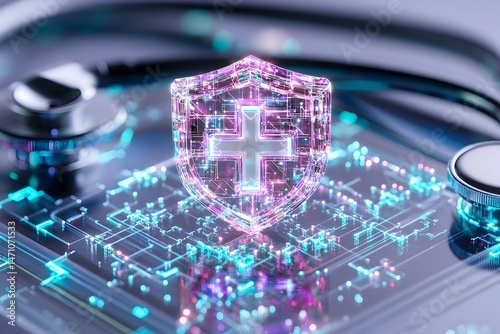 A glowing shield with a cross inside, representing healthcare security, is positioned on a circuit board with a stethoscope in the background