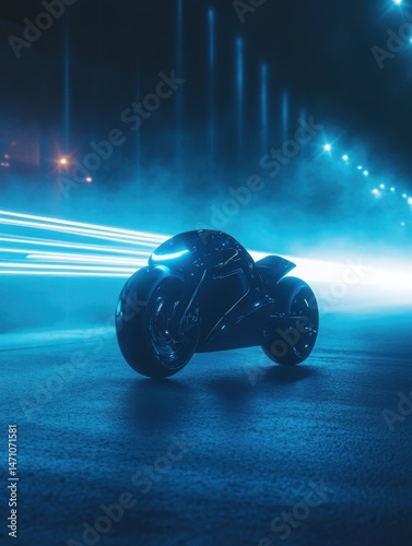 Futuristic motorcycle parked on dark wet street at night low angle shot with blue neon lights and motion blur