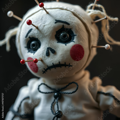 A close-up of a voodoo doll with pins stuck in it