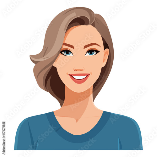 Flat Vector. Portrait of only one Woman. Simple Background.
