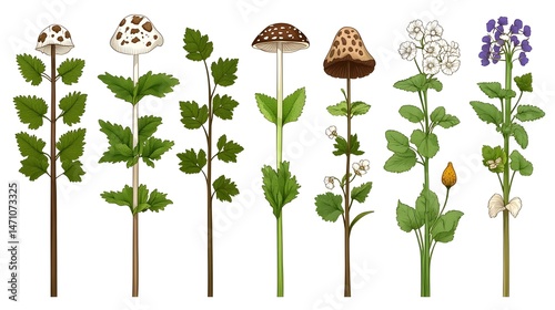 A set of six illustrated plants, including mushrooms and flowering plants, all with green leaves and stems against a white background