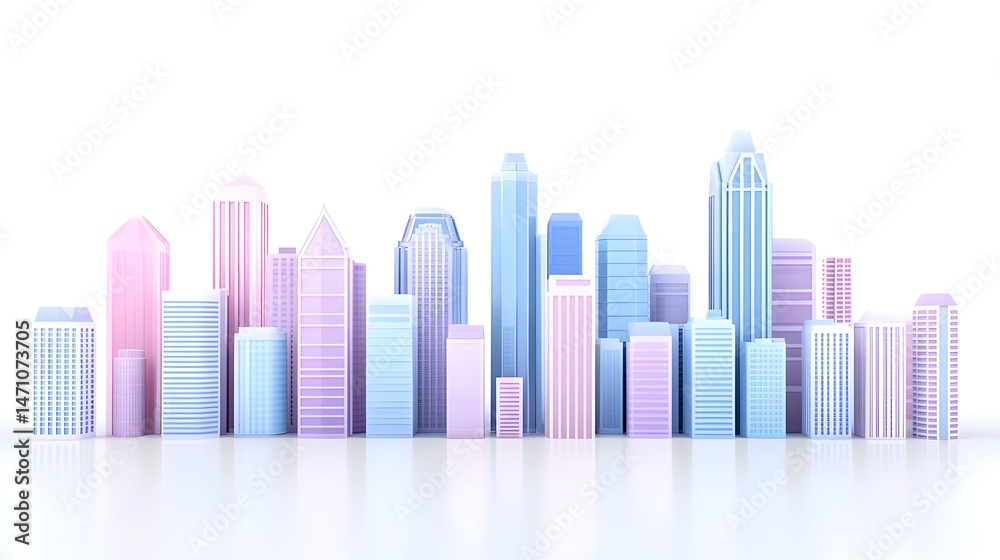 Obraz premium A stylized cityscape with pastel-colored buildings arranged in a horizontal line against a white background