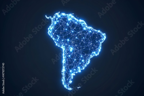 A stylized, luminous blue outline of South America, formed by interconnected lines and nodes