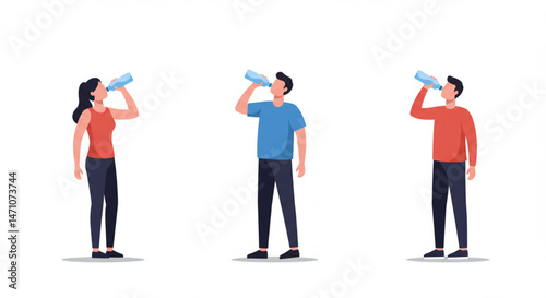 People drinking water from bottles for commercial use, vector style