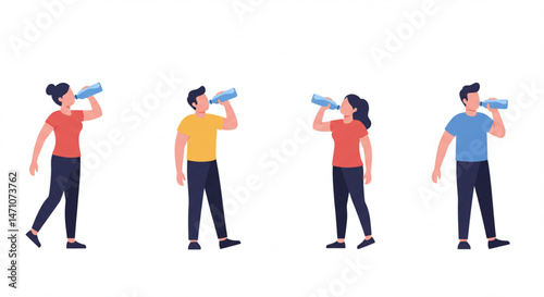 People drinking water from bottles for commercial use, vector style