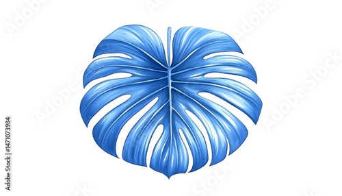 A vibrant blue tropical leaf with a unique shape and defined veins, isolated on a white background