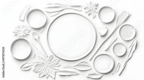 A white, circular frame made up of various plates, utensils, and floral elements arranged around it