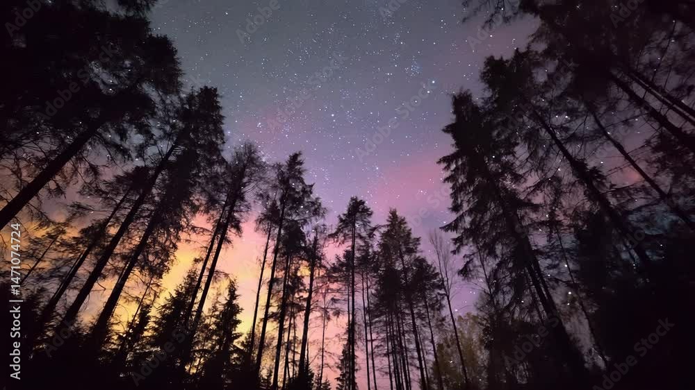 Silhouetted pine trees frame a vibrant night sky filled with stars and a pastel aurora. Low angle shot, creating a mystical atmosphere. Silhouetted pine trees frame a vibrant night sky filled with stars and a pastel aurora. Low angle shot, creating a mystical atmosphere.
