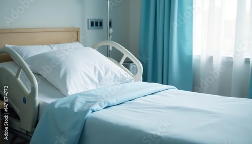 Empty hospital bed, crisp white linens, ready for patient , hospital furniture, wellbeing