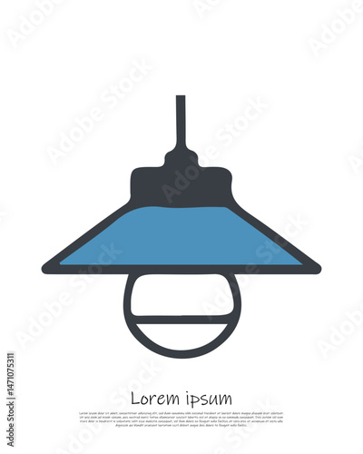 Isolated Vintage Hanging Lamp, Navy Outline & Light Blue Filled Design, on White