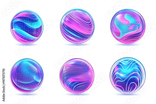 Six iridescent spheres with abstract designs in blue, pink, and purple