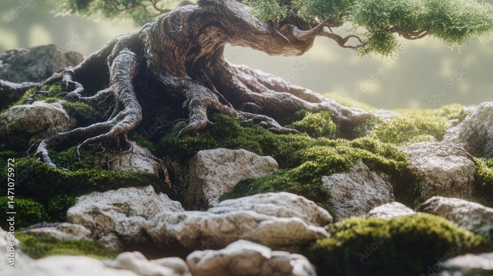 Fototapeta premium Serene Bonsai Tree Displaying Nature's Harmony and Timeless Growth