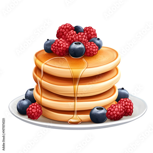 A stack of pancakes topped with fresh berries and syrup isolated on transparent background