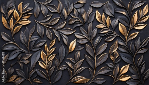 A black background is adorned with a repeating pattern of gold and black leaves
