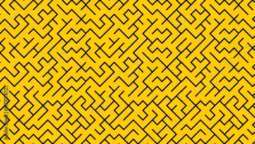 A complex black line maze pattern on a bright yellow background creating an abstract design element