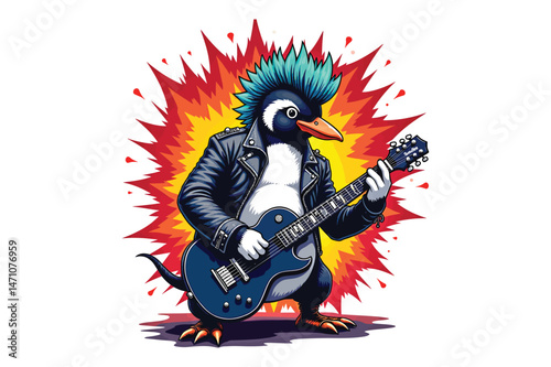 Penguin Rockstar T-Shirt - Funny Guitar Penguin Graphic Tee with Mohawk