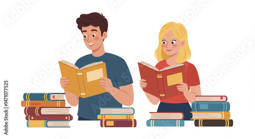 Young man and woman reading near books stack for commercial use, vector style