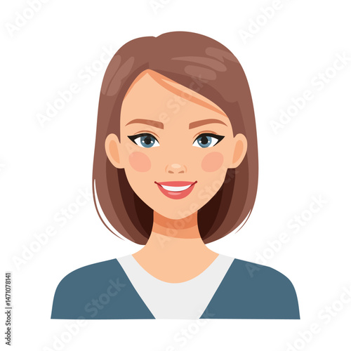 Flat Vector. Portrait of only one Woman. Simple Background.