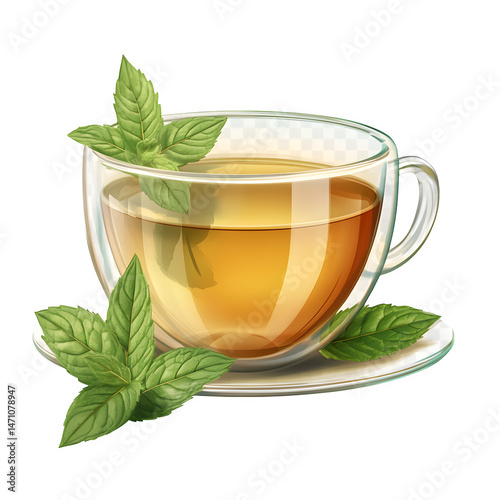 Freshly brewed cup of herbal tea with a mint sprig isolated on transparent background