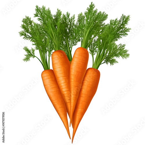 Freshly harvested bunch of organic carrots with green tops isolated on transparent background