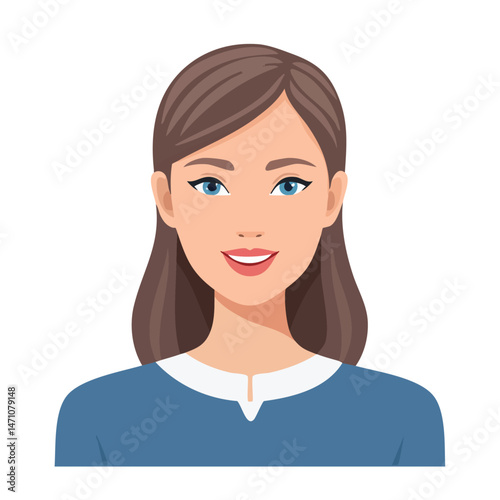 Flat Vector. Portrait of only one Woman. Simple Background.