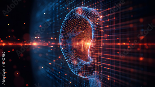 A woman's face is shown in a computer generated image with a glowing ear