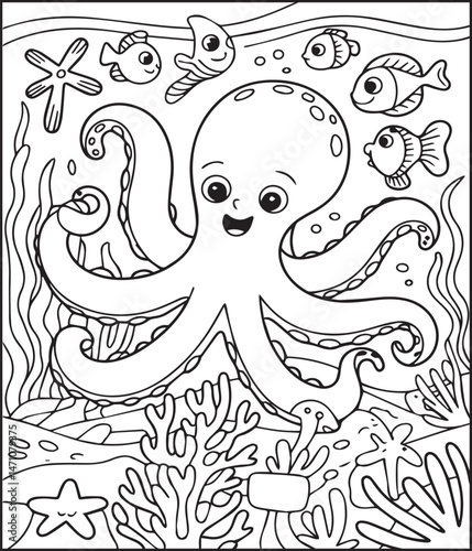 Cute octopus with ocean underwater scenery coloring page for kids, black line art vector for children book design