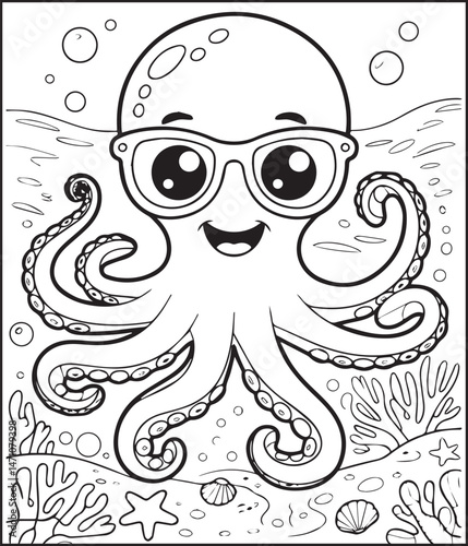 Cute octopus with ocean underwater scenery coloring page for kids, black line art vector for children book design