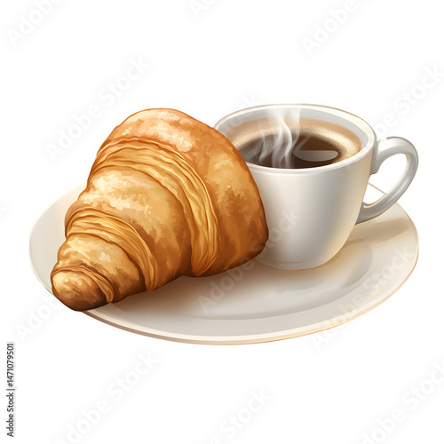 Golden brown croissant with a cup of coffee isolated on transparent background