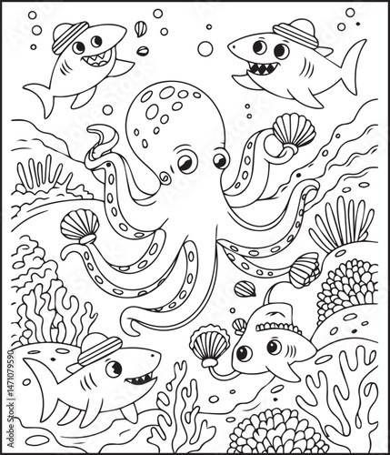 Cute octopus with ocean underwater scenery coloring page for kids, black line art vector for children book design