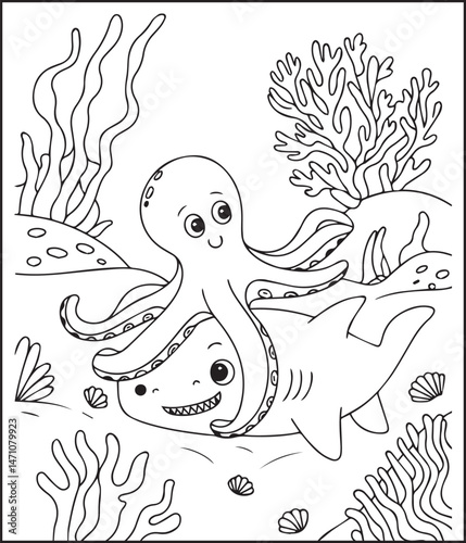 Cute octopus with ocean underwater scenery coloring page for kids, black line art vector for children book design