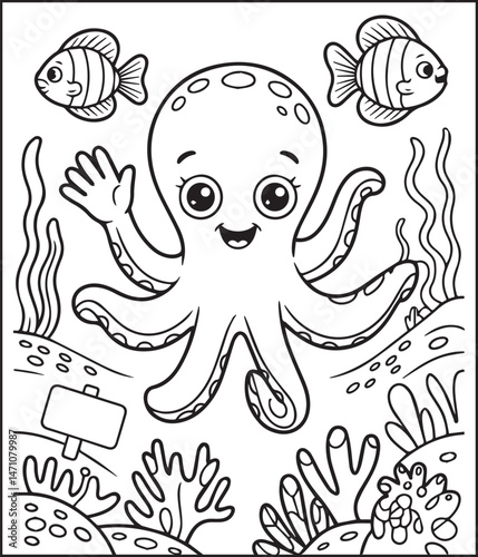 Cute octopus with ocean underwater scenery coloring page for kids, black line art vector for children book design