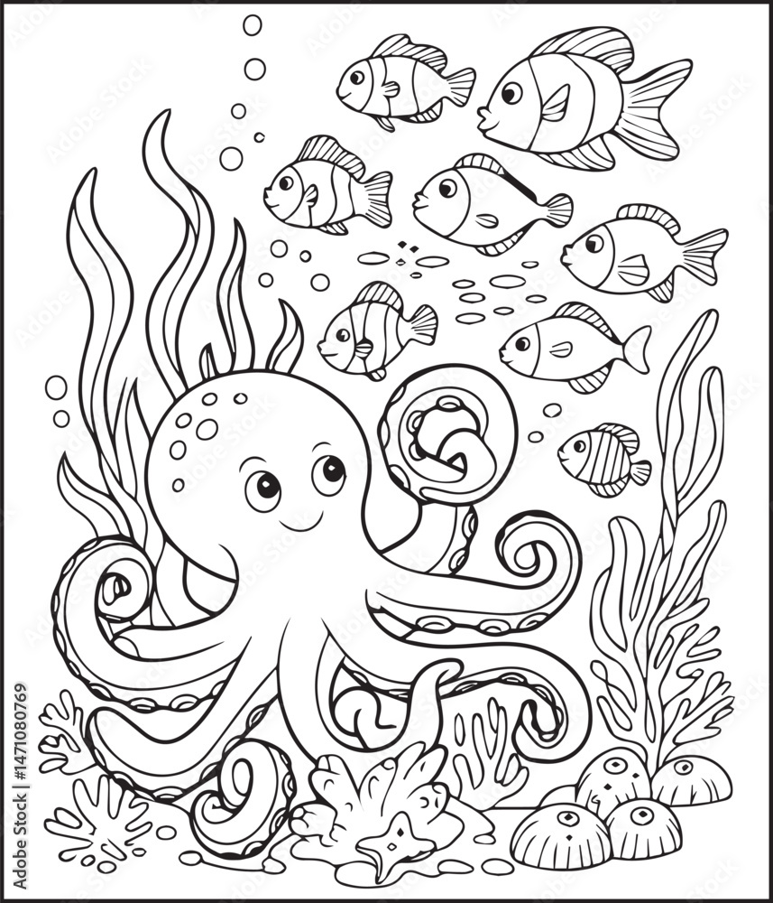 Cute octopus with ocean underwater scenery coloring page for kids, black line art vector for children book design Cute octopus with ocean underwater scenery coloring page for kids, black line art vector for children book design