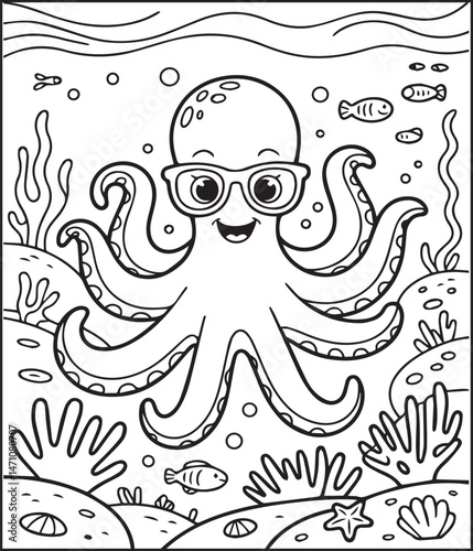 Cute octopus with ocean underwater scenery coloring page for kids, black line art vector for children book design