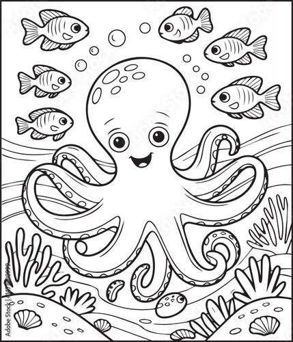 Cute octopus with ocean underwater scenery coloring page for kids, black line art vector for children book design