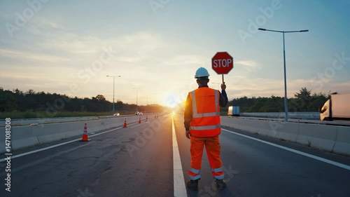 Highway worker holding stop sign on road at sunset