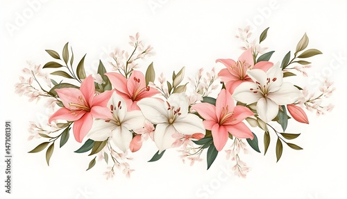 A delicate arrangement of pink and white lilies with green leaves and small white flowers