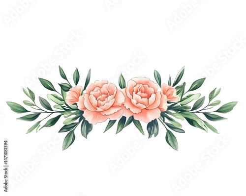 A delicate arrangement of two peach-colored roses with green leaves