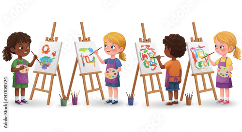 Children painting at art class for commercial use, vector style
