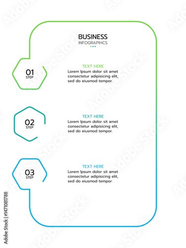 Business infographic template displaying three vertical, numbered hexagons connected to a rounded rectangle with a gradient outline from light green to blue. Each hexagon is labeled 