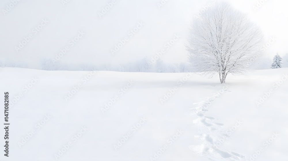 Footprints in the Snow Leading to a Solitary Tree