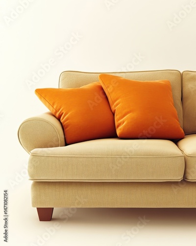 Beige sofa with orange cushions in studio shot, close up view of living room furniture, modern interior design, home decor, relaxation