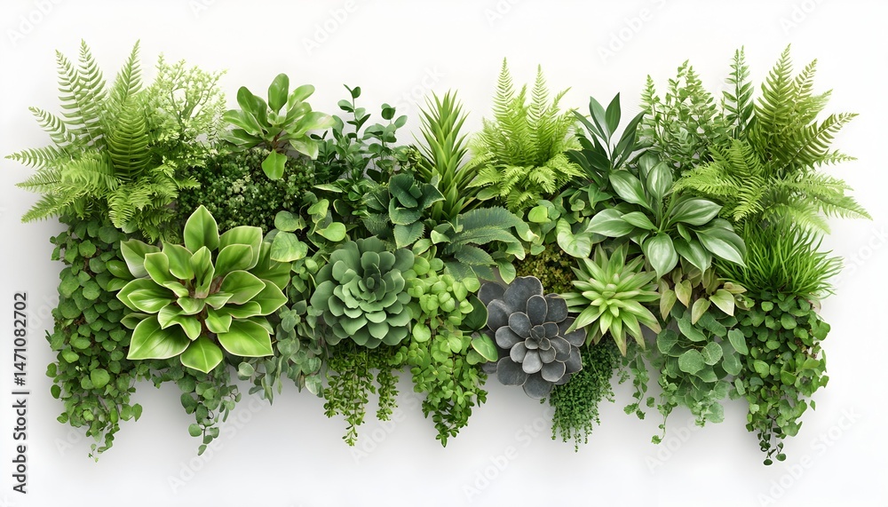 Obraz premium A lush arrangement of various green plants, including ferns, succulents, and leafy foliage, against a white background