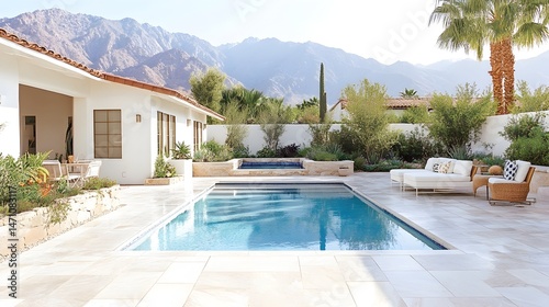A modern, minimalist backyard oasis features a sparkling pool, white patio furniture, and a lush landscape with mountain views